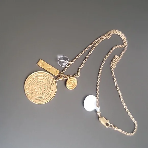 NWT Women's Necklace Gold Handmade Aztec Medallion Charms Quartz Boho Layering - Picture 5 of 8